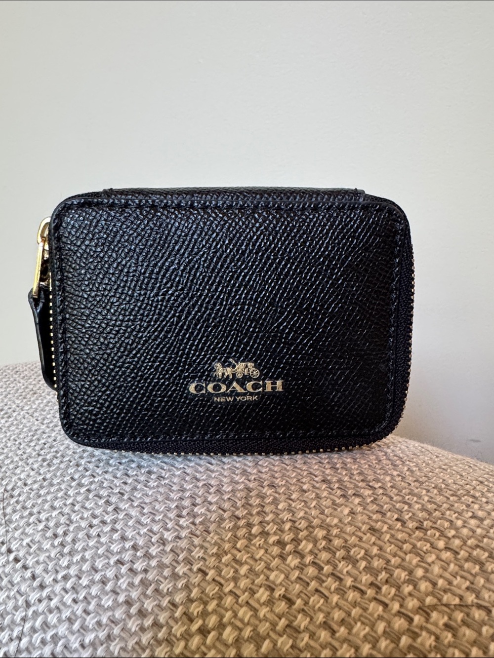 COACH Black Leather Zip Card Pouch with Gold Logo